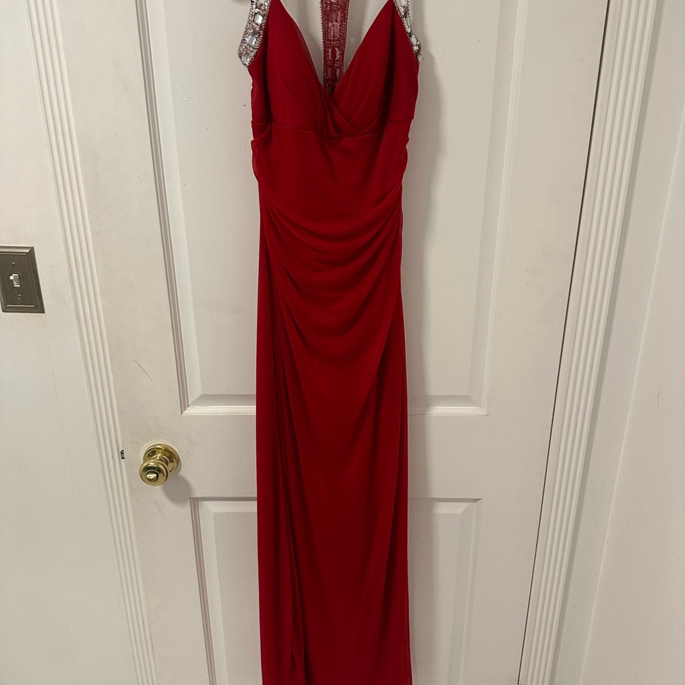 City Triangles Scarlet Backless Dress with Metallic Straps